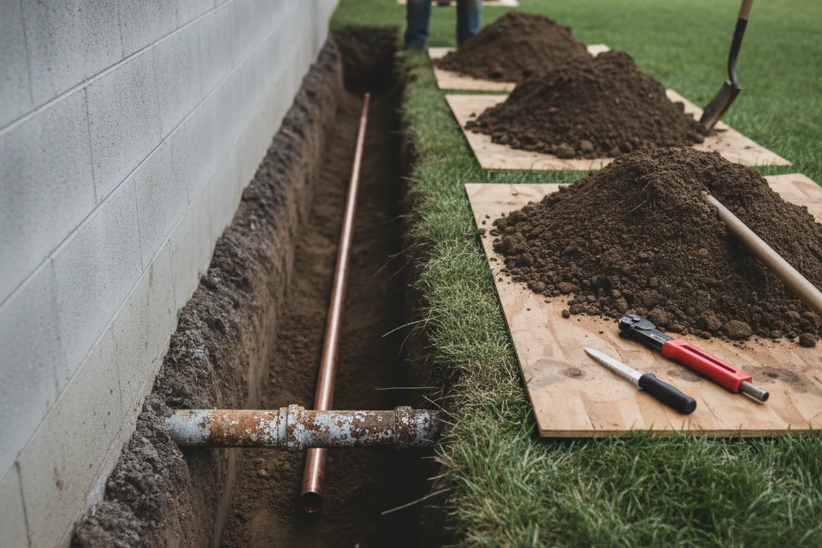 Excavated water line trench during Water Softener Installation in Lockport